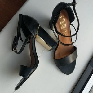 Strappy Black Heels with Gold Detail Heel